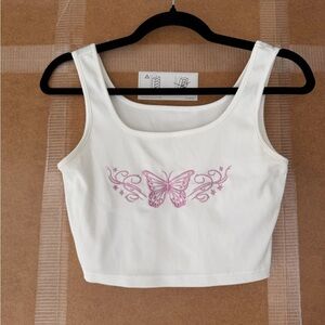 Elegant White Tank Top with Pink Butterfly Design